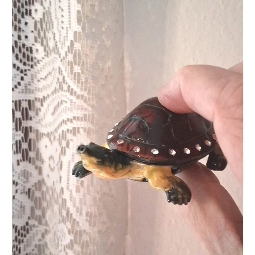 Metal Brass Enameled Turtle Trinket Box with Rhinestones Hinged Shell Lid Nice!